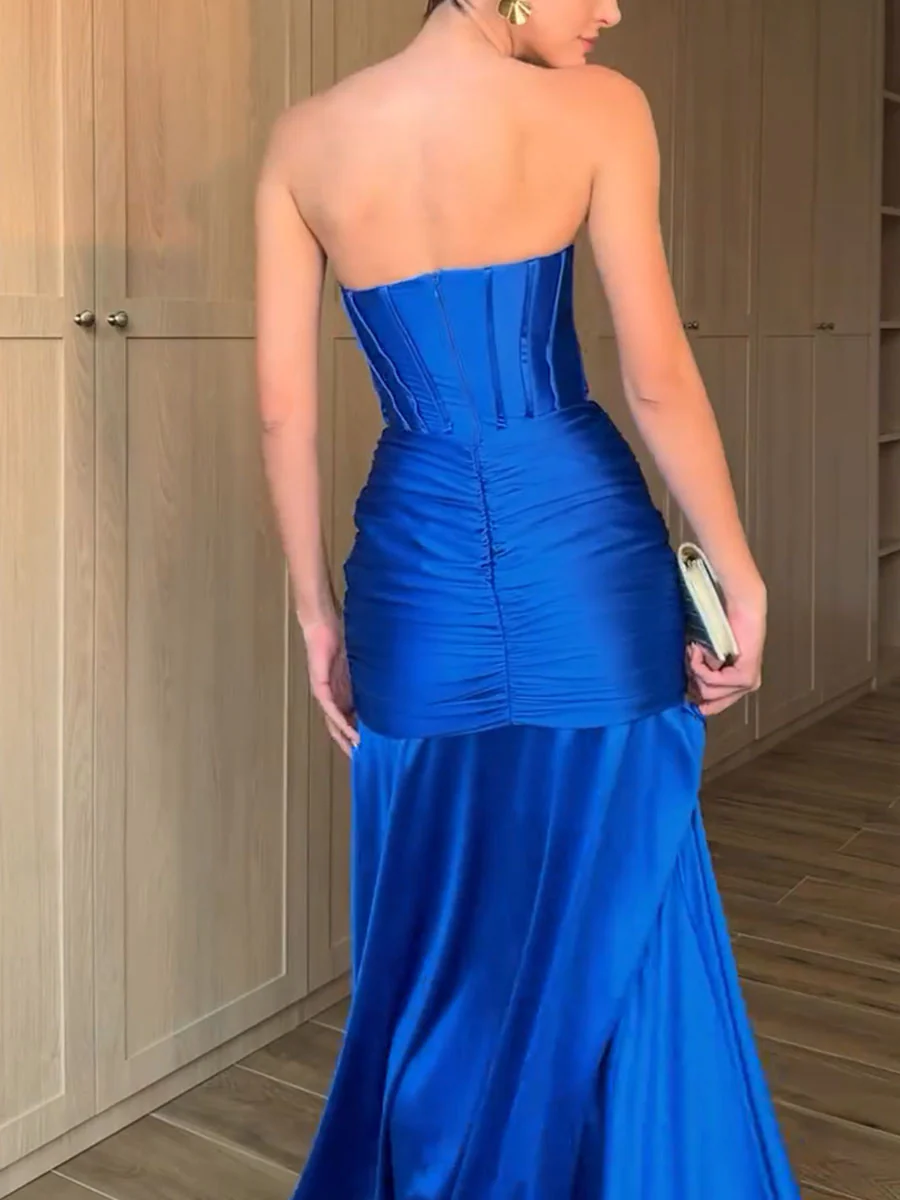 Robe Longue Bustier Bleue | Satin Élégant | Silhouette Sirène & Taille Sculptée – Image 4