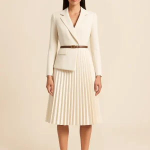 Ligne Élancée | Women's Belted Blazer Dress Pleated Skirt