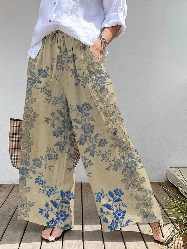 Wide Linen Pants | Floral Print | Comfortable Elastic Waistband – Image 3