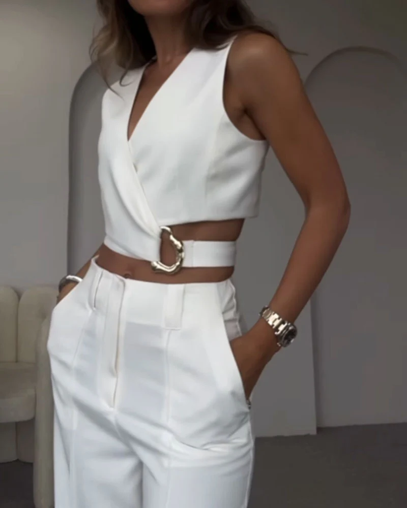 Women's Suit Set | Double Breasted Top & Wide Leg Pants | Ring Detail – Image 7