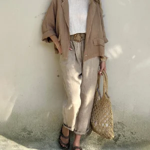 Ensemble Lin Beige | Veste Oversize & Pantalon Fluide | 100% Lin