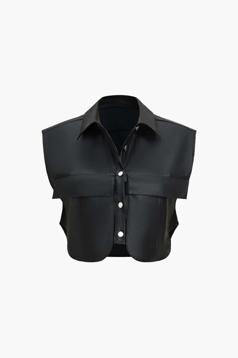 Sleeveless leather-effect top with press studs | Attitude Moderne et Design Structuré – Image 3