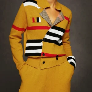 Striped Double-breasted Cardigan | Saffron Yellow | Graphic and Structured