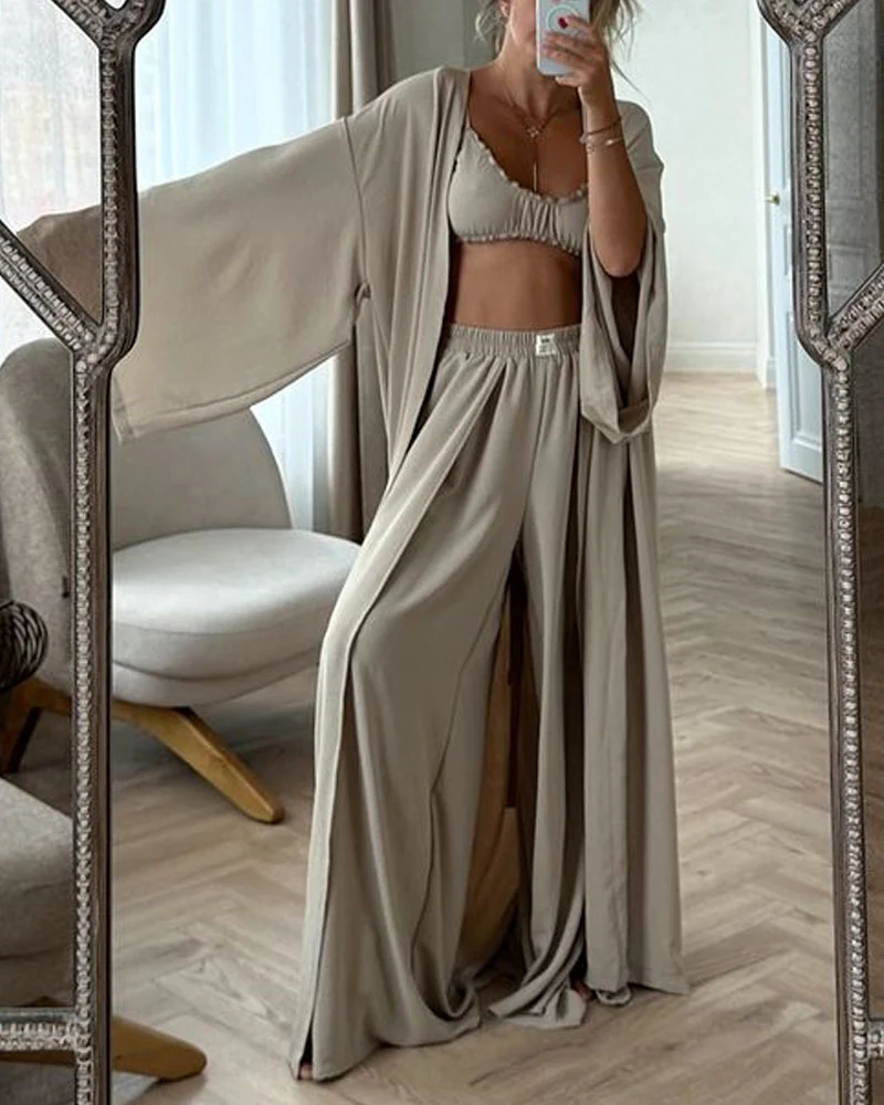 Ensemble 3 Pièces Décontracté | Coton | Kimono, Pantalon Large et Top Bandeau – Image 3