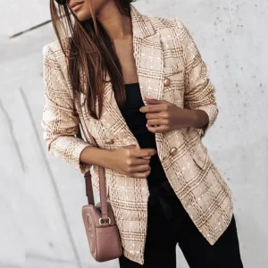 Blazer à Carreaux Dorés | Structured Elegance and Urban Glamour