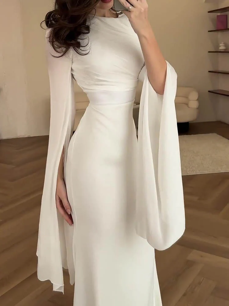 Draped Long Dress with Fluid Sleeves | Evening Elegance – Image 8