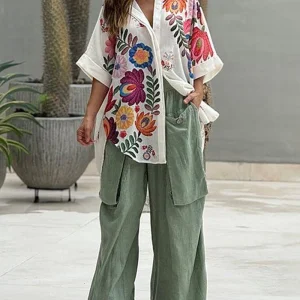 Ensemble Lin Bohème | Chemise Brodée & Pantalon Vert Sauge | Léger & Artistique