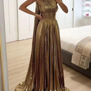 Golden Pleated Maxi Dress | Viscose | Elegant Drapé & Gala Shine