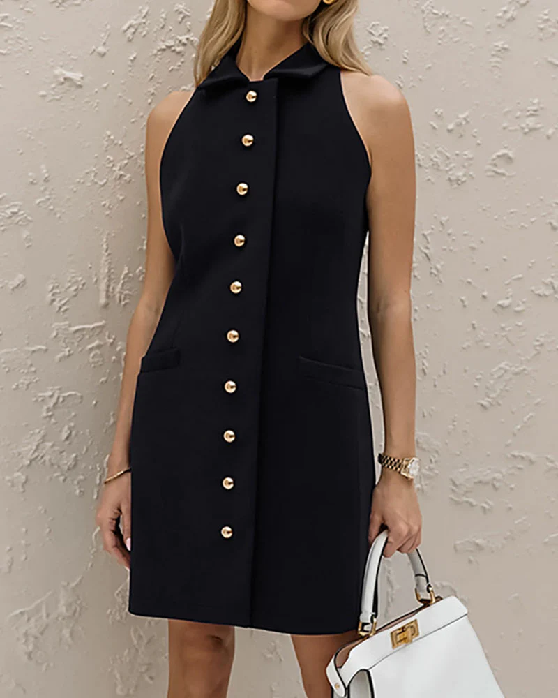 Straight Dress | Sleeveless & Gold Buttons | Structured Elegance – Image 6