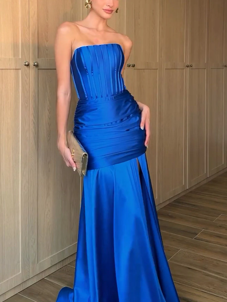 Robe Longue Bustier Bleue | Satin Élégant | Silhouette Sirène & Taille Sculptée – Image 3