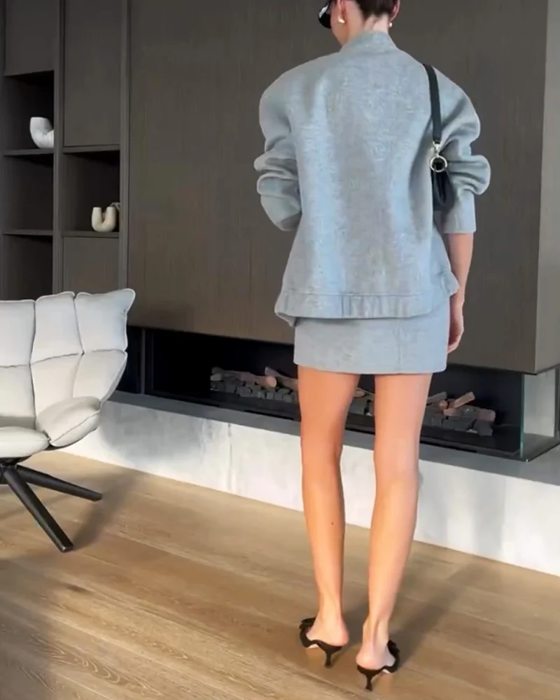 Ensemble Court Gris Clair | Veste Zippée & Short Taille Haute | 100% Coton – Image 8