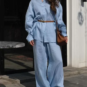 Ensemble Bleu Ciel en Lin | Chemise Ample & Pantalon Large | Élégance Décontractée