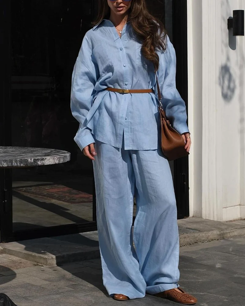 Ensemble Bleu Ciel en Lin | Chemise Ample & Pantalon Large | Élégance Décontractée – Image 2