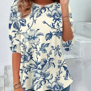 Blouse Fleurie Bleu et Crème | Élégance Classique et Confort Décontracté