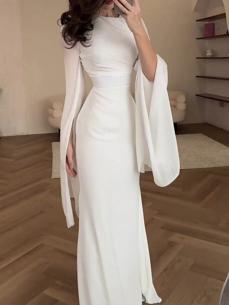 Draped Long Dress with Fluid Sleeves | Evening Elegance – Image 9