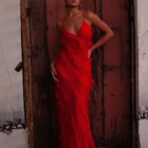 Robe Longue à Volants | Rouge | Sensuelle et Glamour