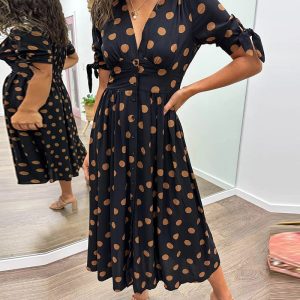 Charme Rétro | Robe Mi-Longue à Pois et Manches Nouées