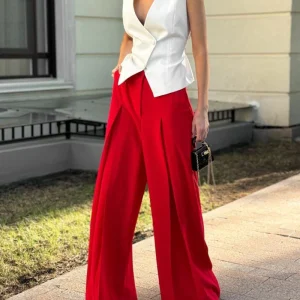 Ensemble Contrasté Élégant | Coton | Gilet Blanc & Pantalon Rouge