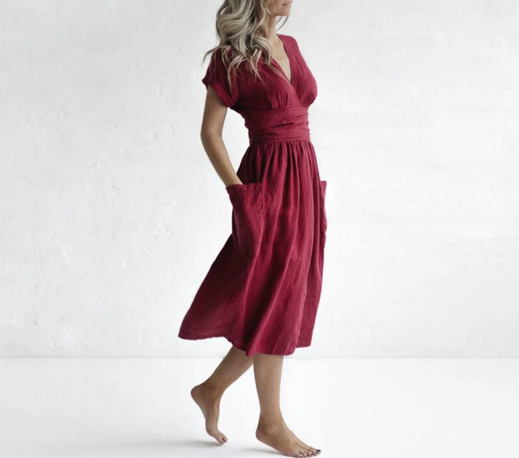 Robe Portefeuille en Lin | Manches Courtes | Élégance Décontractée – Image 4