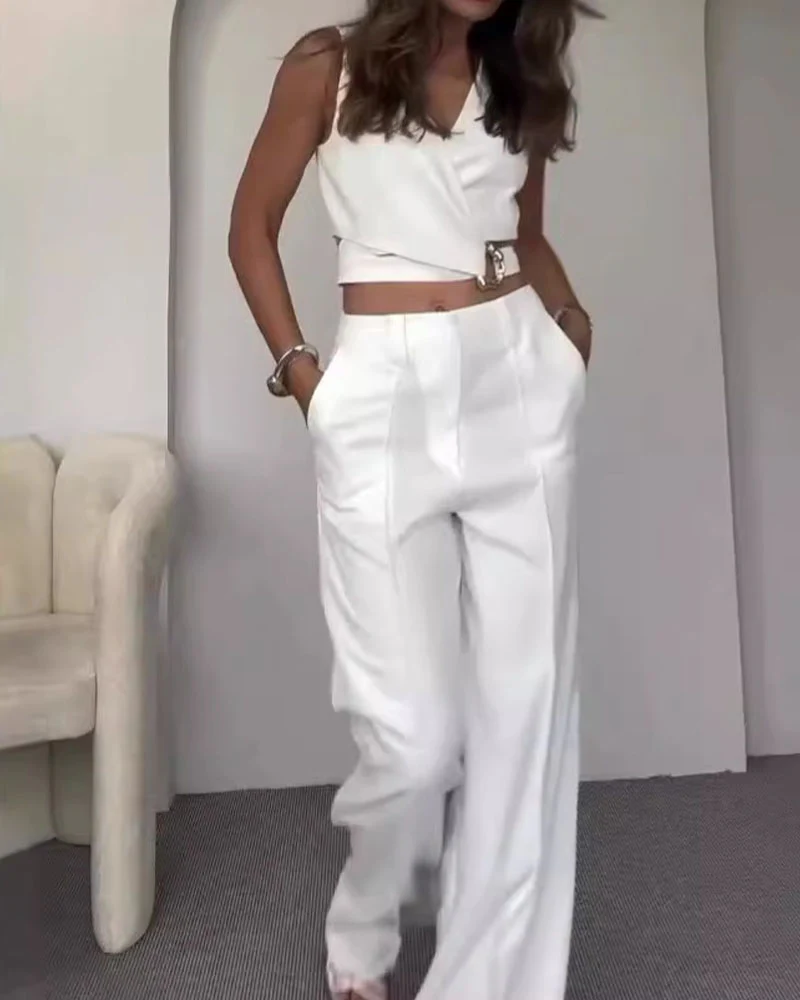 Women's Suit Set | Double Breasted Top & Wide Leg Pants | Ring Detail – Image 9