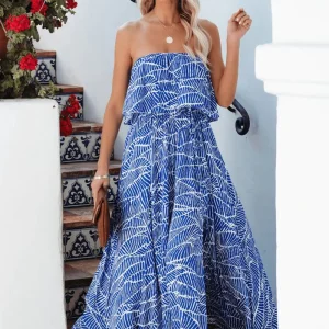 Robe Longue Bustier | Imprimé Tropical Bleu | Fluide et Bohème