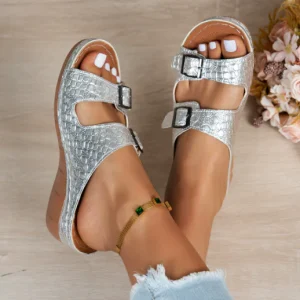 Metallic Buckle Sandals | Comfort and Shiny Style