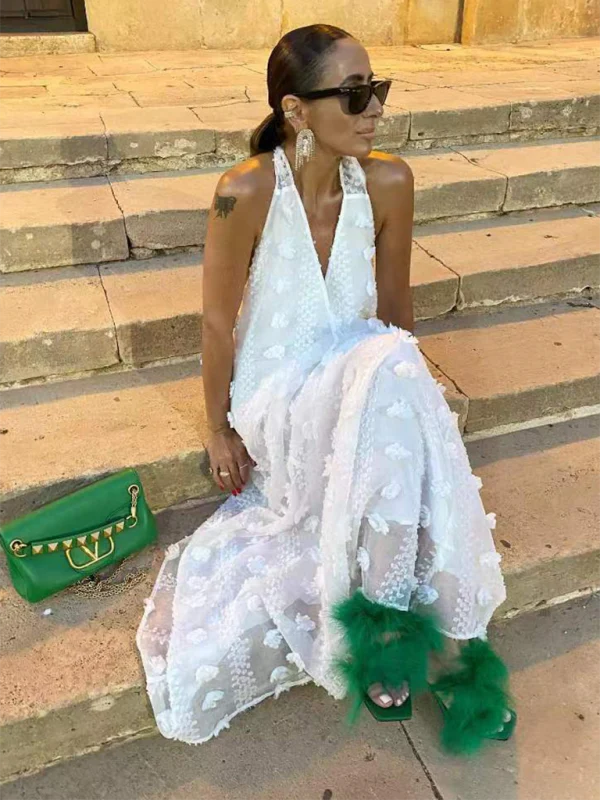 Chic Women's Plunging Neckline Maxi Dress with 3D Details – Image 9