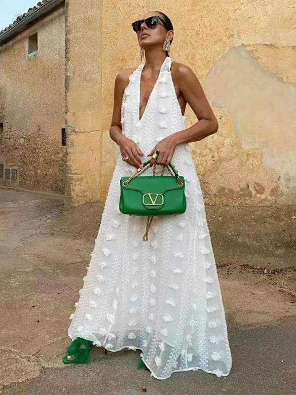 Chic Women's Plunging Neckline Maxi Dress with 3D Details – Image 8