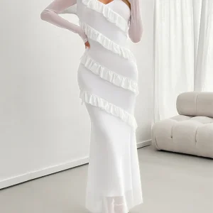 White Maxi Dress | Diagonal Ruffles | Elegant and Modern