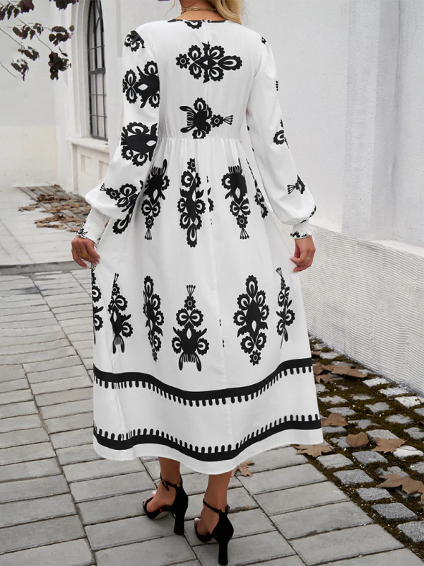 Elegant Midi Dress | Contrast Patterns | Cache-Coeur Collar – Image 8
