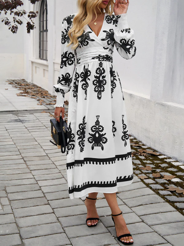 Elegant Midi Dress | Contrast Patterns | Cache-Coeur Collar – Image 7