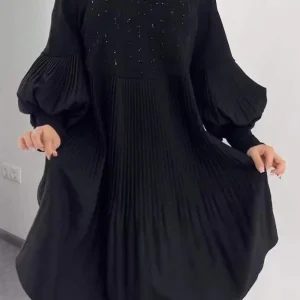 Robe Plissée Élégante | Manches Bouffantes et Détails Perlés