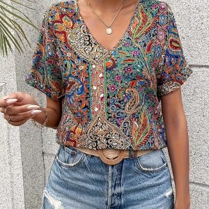 Bohemian V-Neck Top | Carpet Print and Summer Style