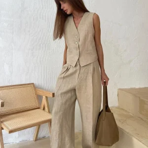 Ensemble Lin Femme | Gilet Sans Manches & Pantalon | Style Naturel et Estival