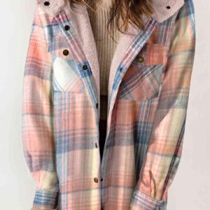 Sherpa-lined overshirt | Pastel plaid | Integrated hood