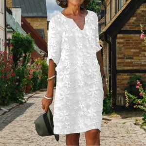 White Linen Dress | Floral Embroidery | Elegant and Lightweight