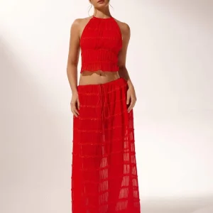 Ensemble d’Été Rouge | Top Dos-nu & Jupe Longue | Léger et Texturé