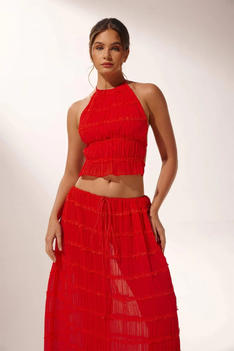 Ensemble d’Été Rouge | Top Dos-nu & Jupe Longue | Léger et Texturé – Image 3