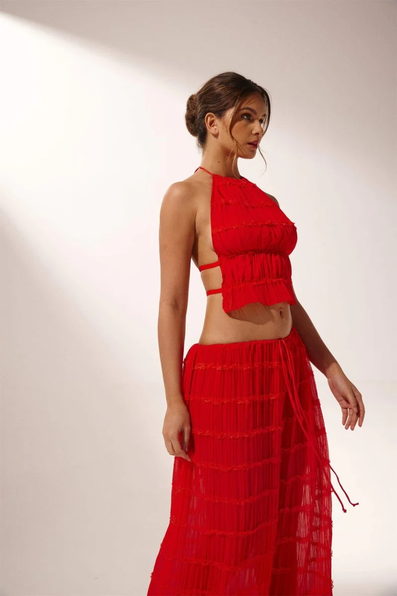 Ensemble d’Été Rouge | Top Dos-nu & Jupe Longue | Léger et Texturé – Image 6
