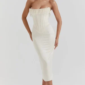 Tailored Strapless Dress with Beaded Details | Sculpted and Refined Silhouette