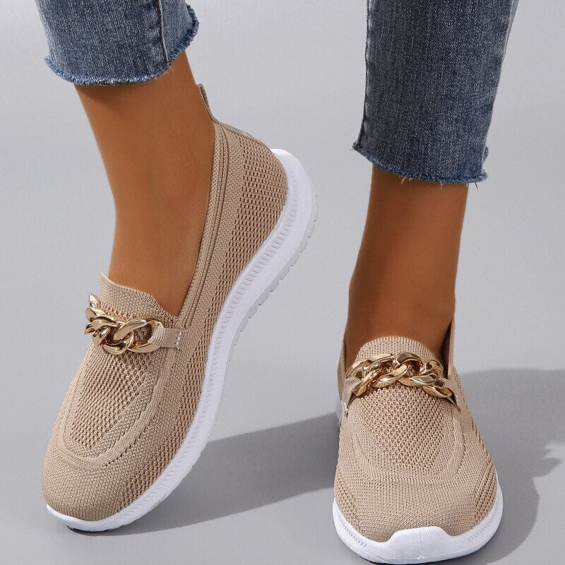 White Knitted Loafers with Gold Chain | Casual Elegance and Lightweight Comfort