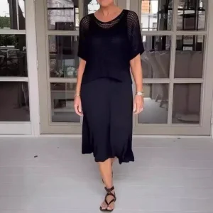 Ensemble Femme | Robe Midi Fluide & Pull Maille Ajourée  | Élégant & Léger