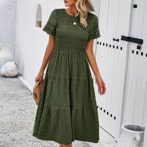 Robe Midi Verte | Taille Smockée & Manches Ajourées | 100% Coton Naturel