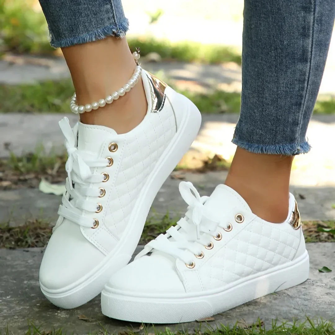 White Padded Sneakers with Metallic Detail | Casual Elegance – Image 3