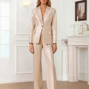 Costume Femme 2 Pièces En Satin À Revers Pointus Un Bouton Pour Tenue De Soirée