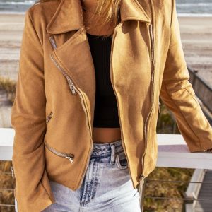 Suede biker jacket | Camel | Zipped details